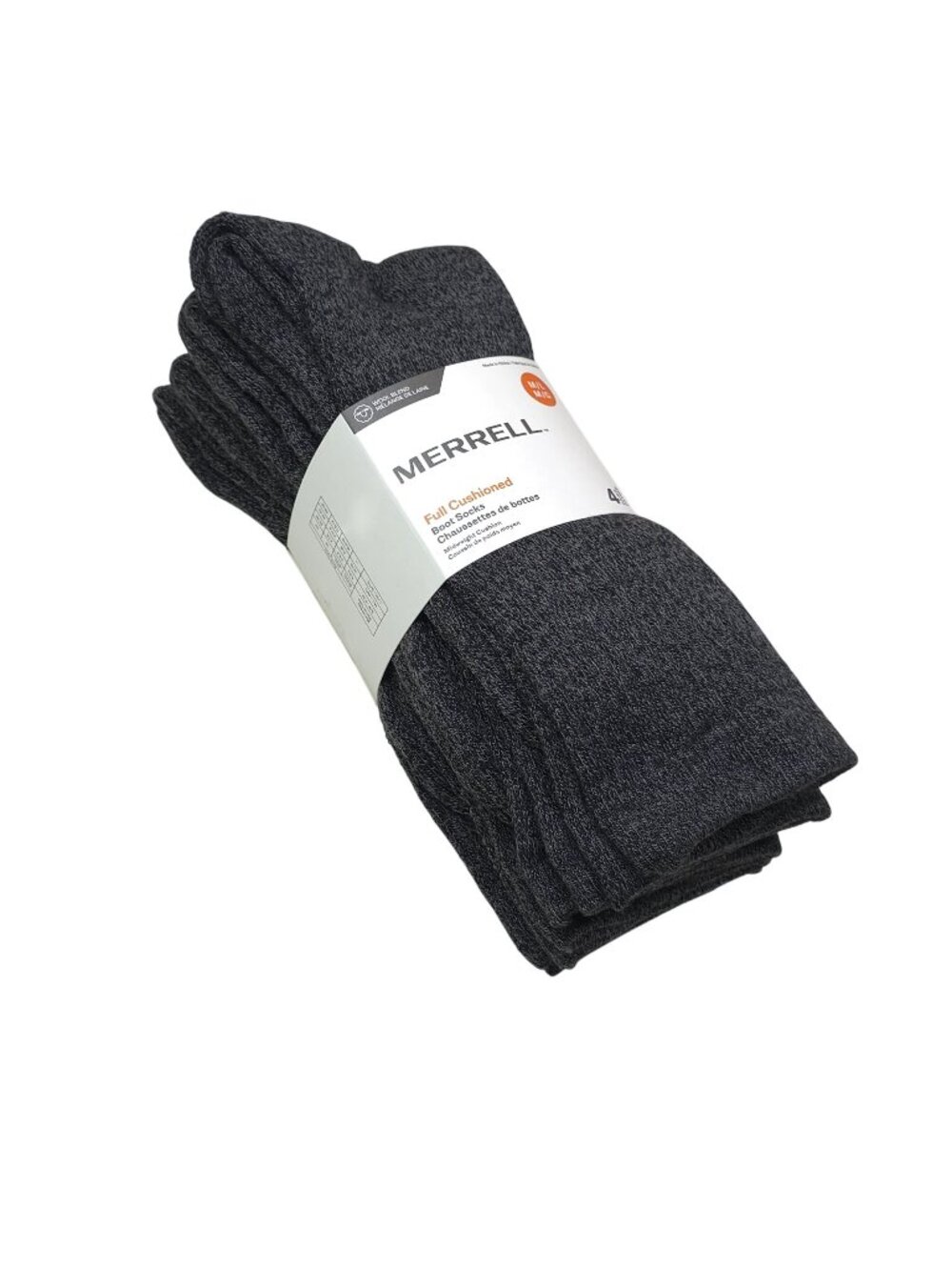 Merrell Full Cushioned Wool Blend Boot Socks 4-Pack M/L Dark Gray
